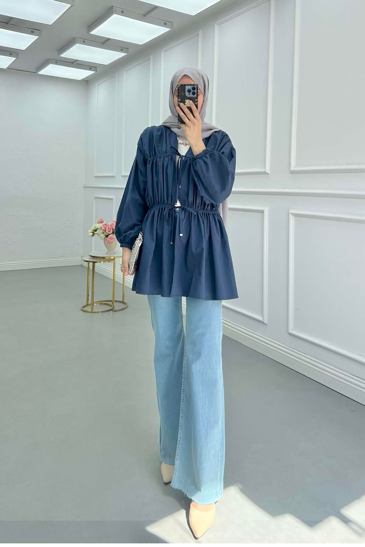 Sare Fashion Front Tie Kimono Navy Blue