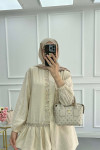 Sare Fashion Ruffle Front Stone Detailed Shirt Beige