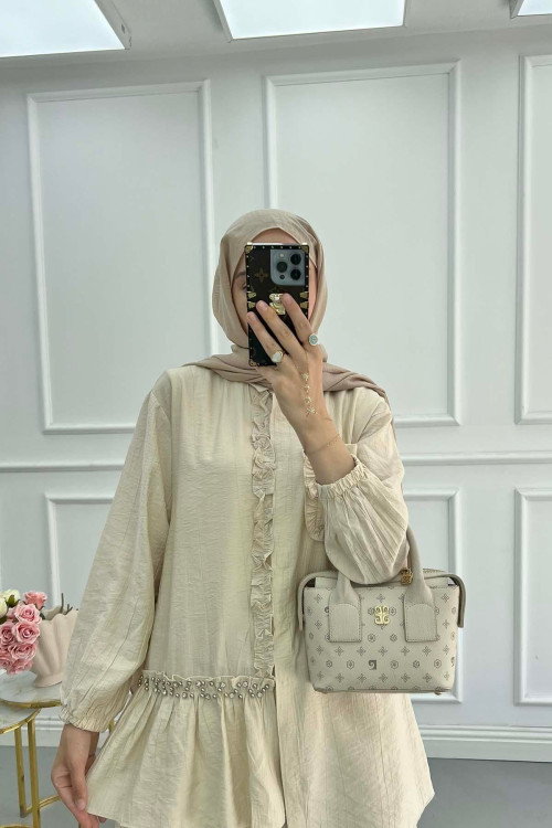Sare Fashion Ruffle Front Stone Detailed Shirt Beige