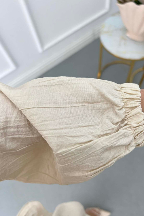 Sare Fashion Ruffle Front Stone Detailed Shirt Beige