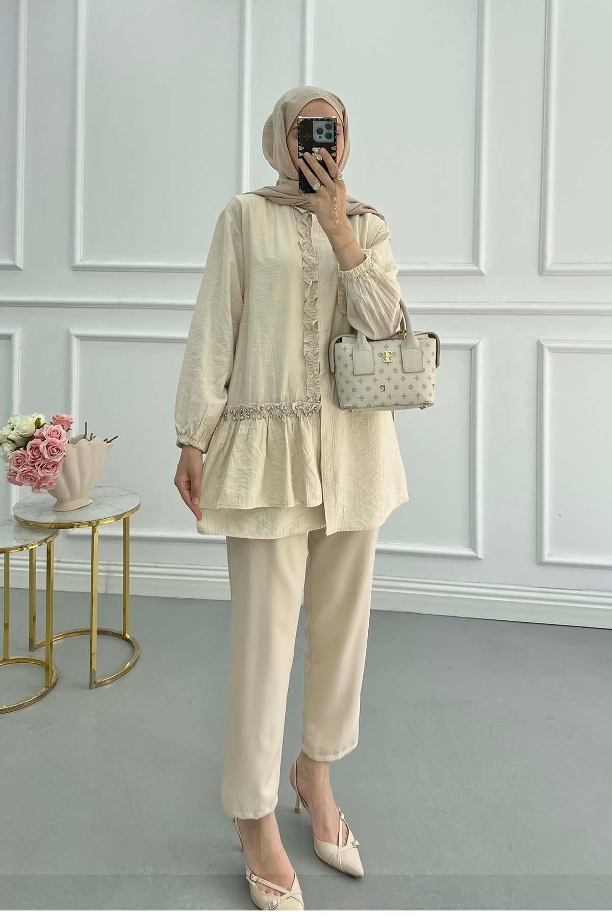 Sare Fashion Ruffle Front Stone Detailed Shirt Beige