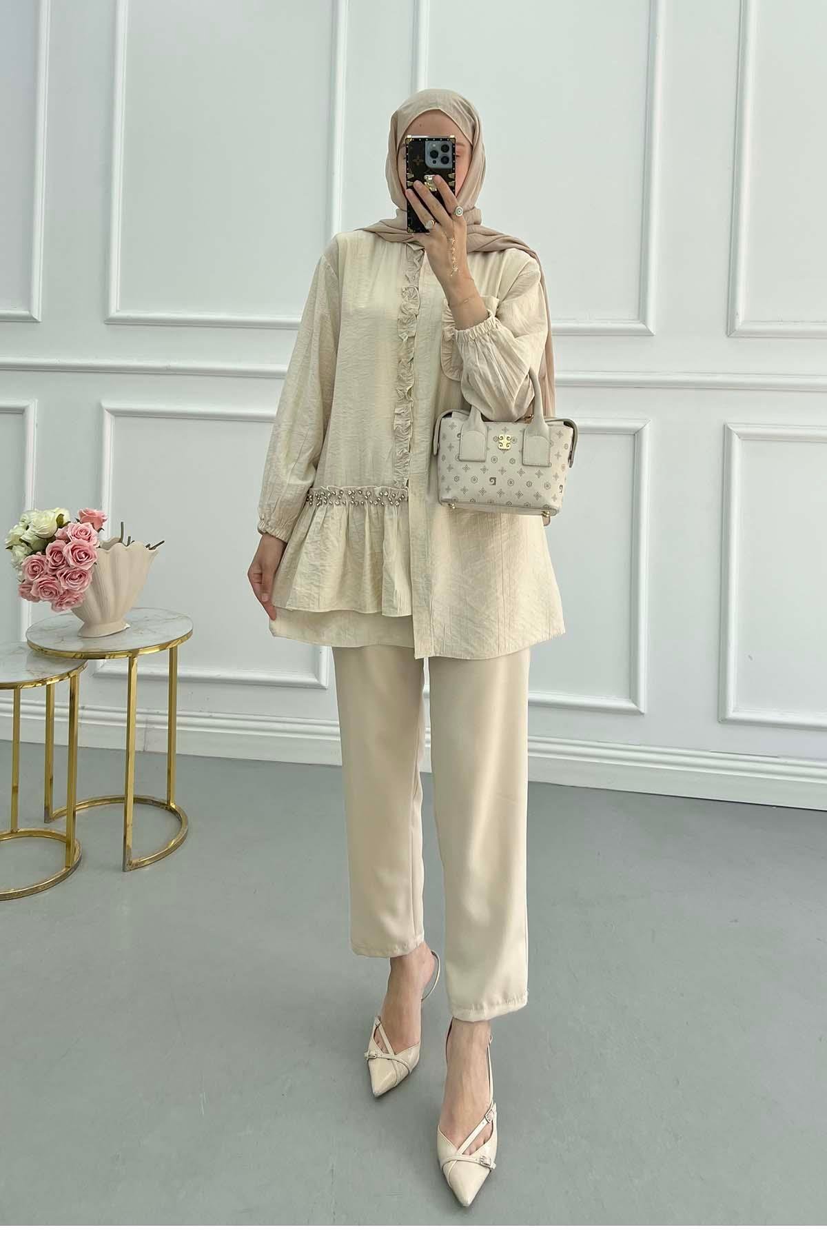 Sare Fashion Ruffle Front Stone Detailed Shirt Beige