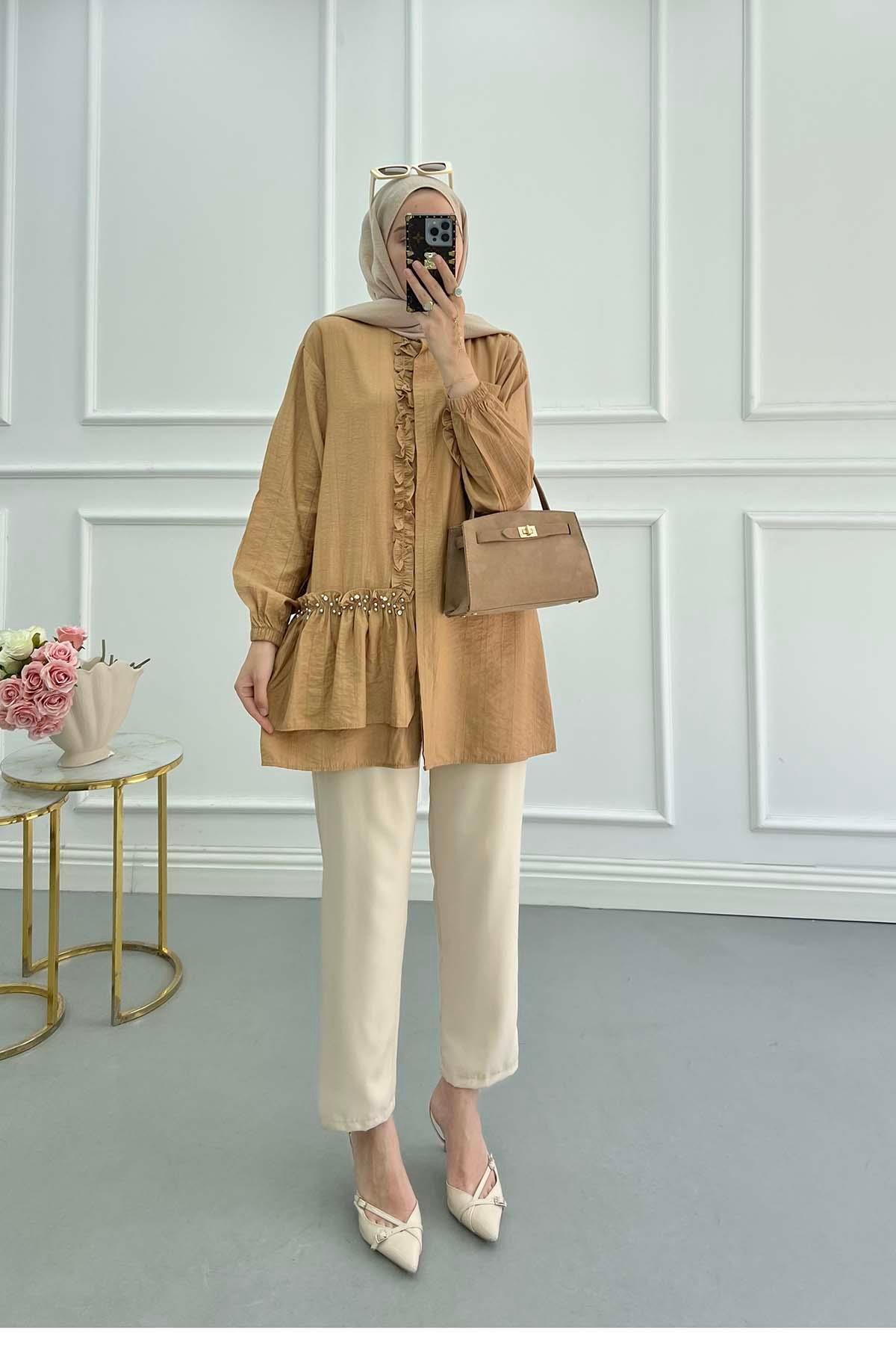 Sare Fashion Ruffle Front Stone Detailed Shirt Camel