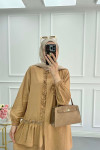 Sare Fashion Ruffle Front Stone Detailed Shirt Camel