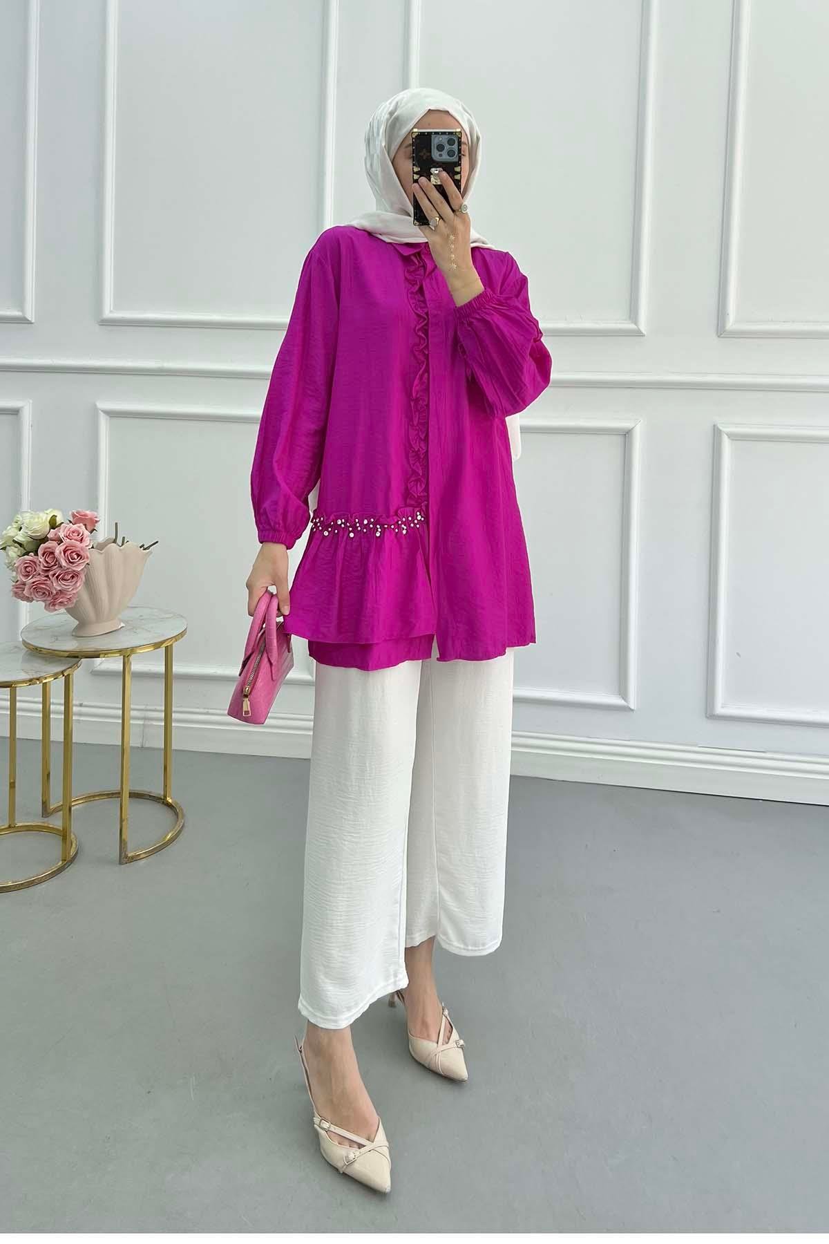 Sare Fashion Fuchsia Shirt with Ruffled Front and Stone Detail