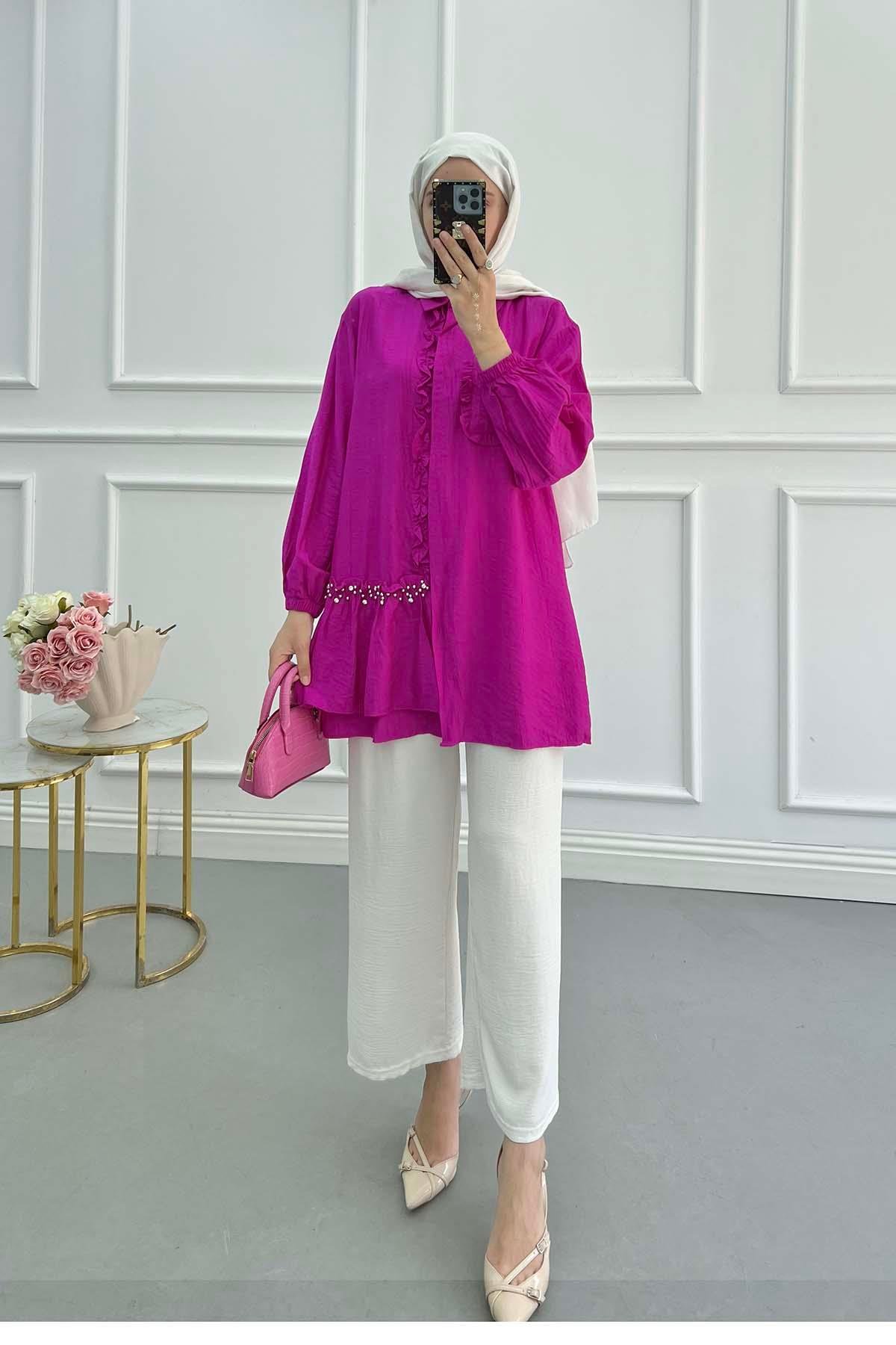 Sare Fashion Fuchsia Shirt with Ruffled Front and Stone Detail