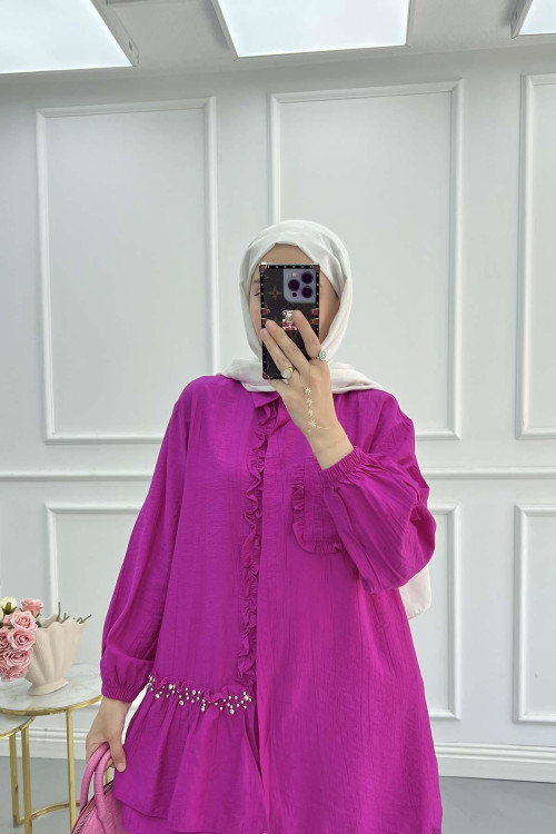 Sare Fashion Fuchsia Shirt with Ruffled Front and Stone Detail