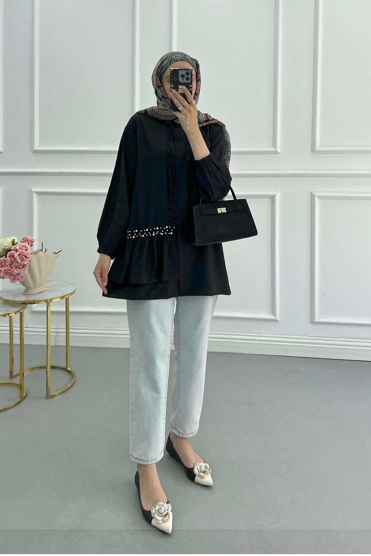 Sare Fashion Black Shirt with Ruffled Stone Detail on the Front