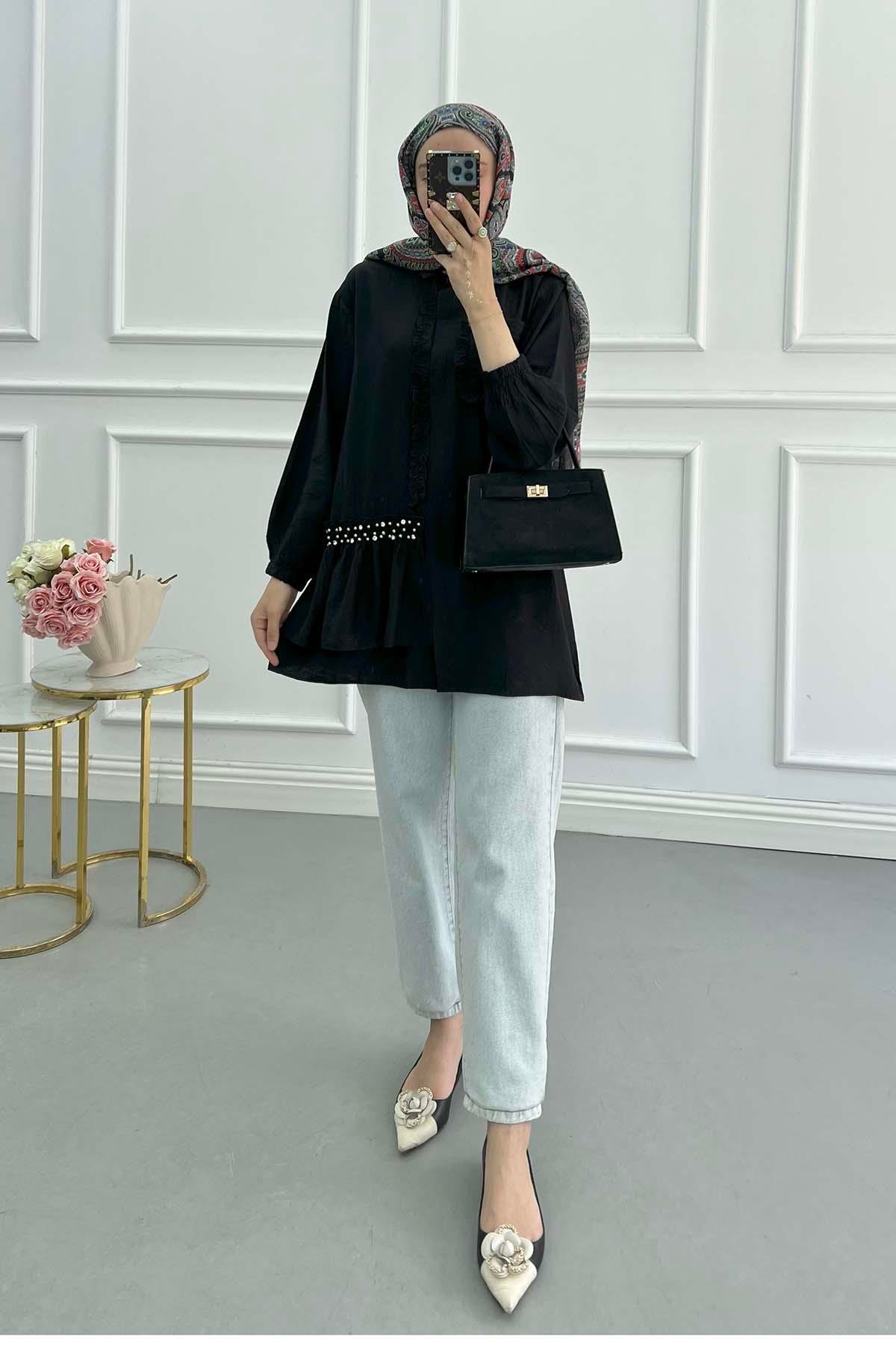 Sare Fashion Black Shirt with Ruffled Stone Detail on the Front
