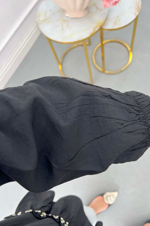 Sare Fashion Black Shirt with Ruffled Stone Detail on the Front