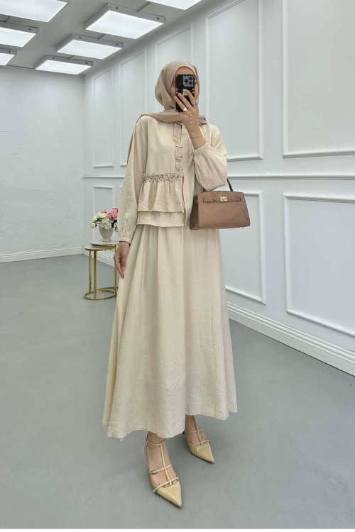Sare Fashion Ruffle Front Stone Detailed Set Beige