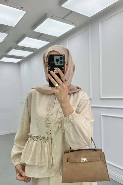 Sare Fashion Ruffle Front Stone Detailed Set Beige