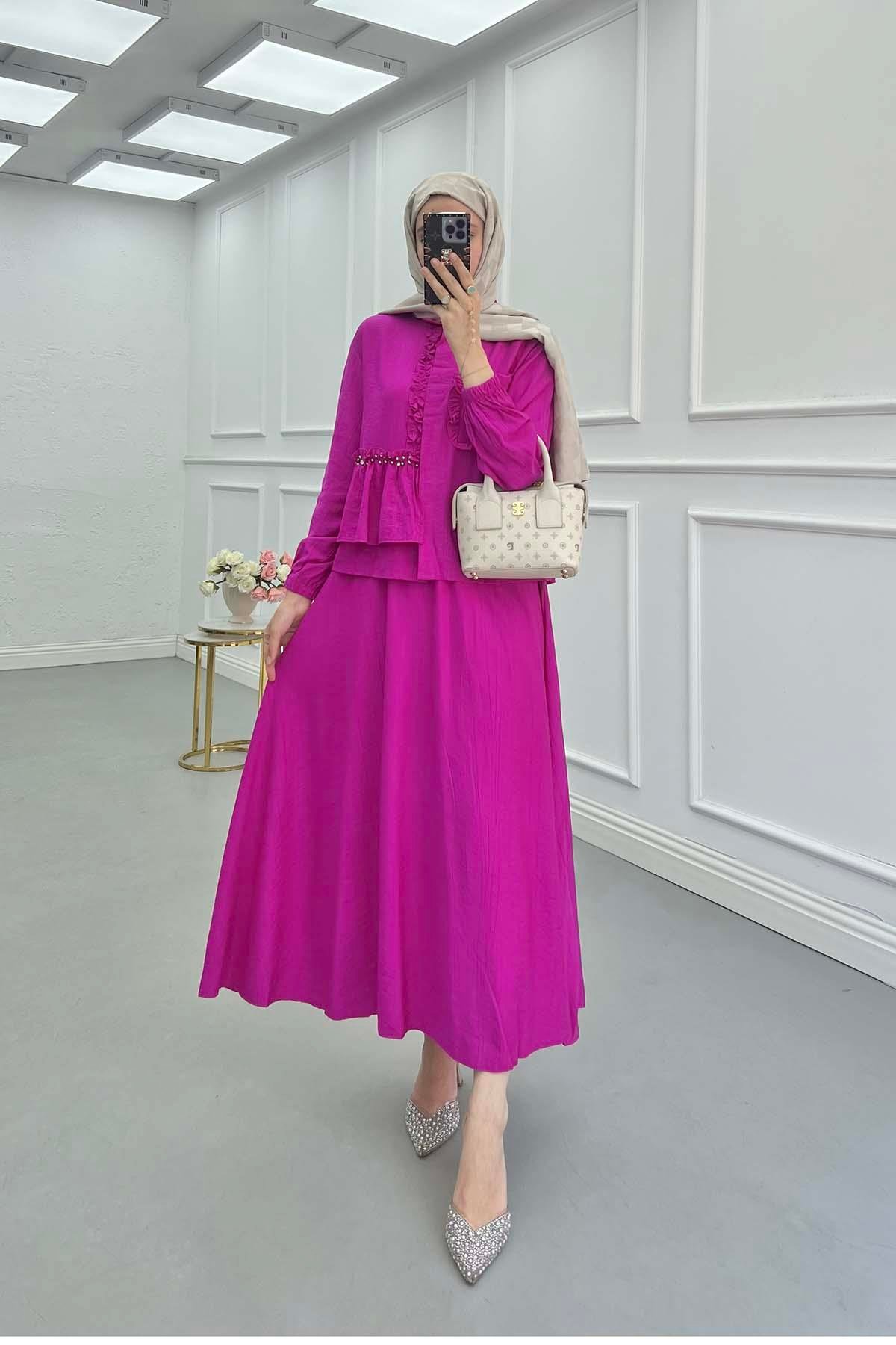 Sare Fashion Fuchsia Ruffle Front Stone Detailed Suit