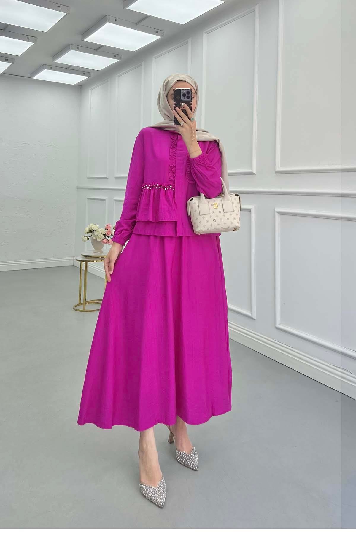 Sare Fashion Fuchsia Ruffle Front Stone Detailed Suit