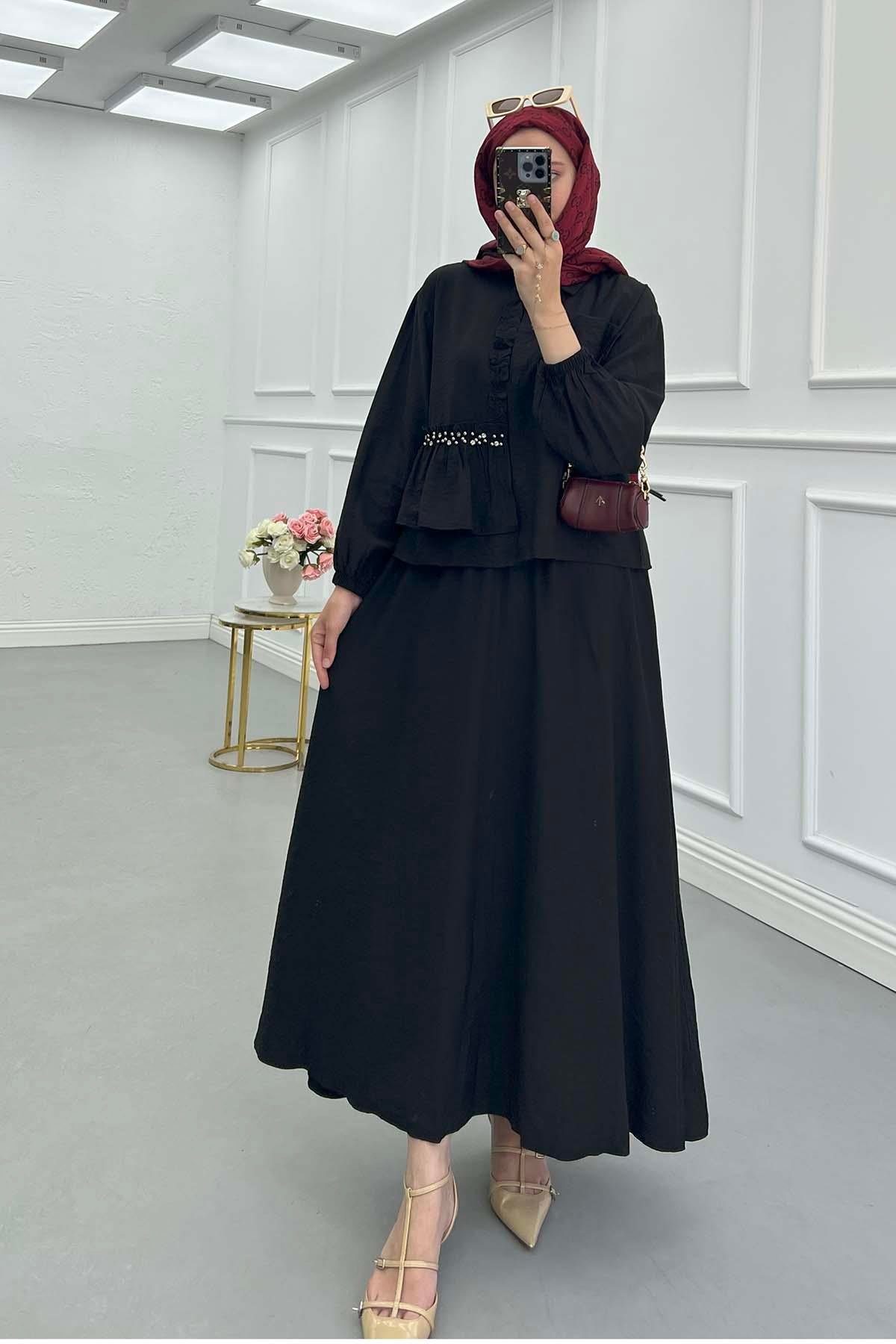 Sare Fashion Ruffle Front Stone Detailed Suit Black