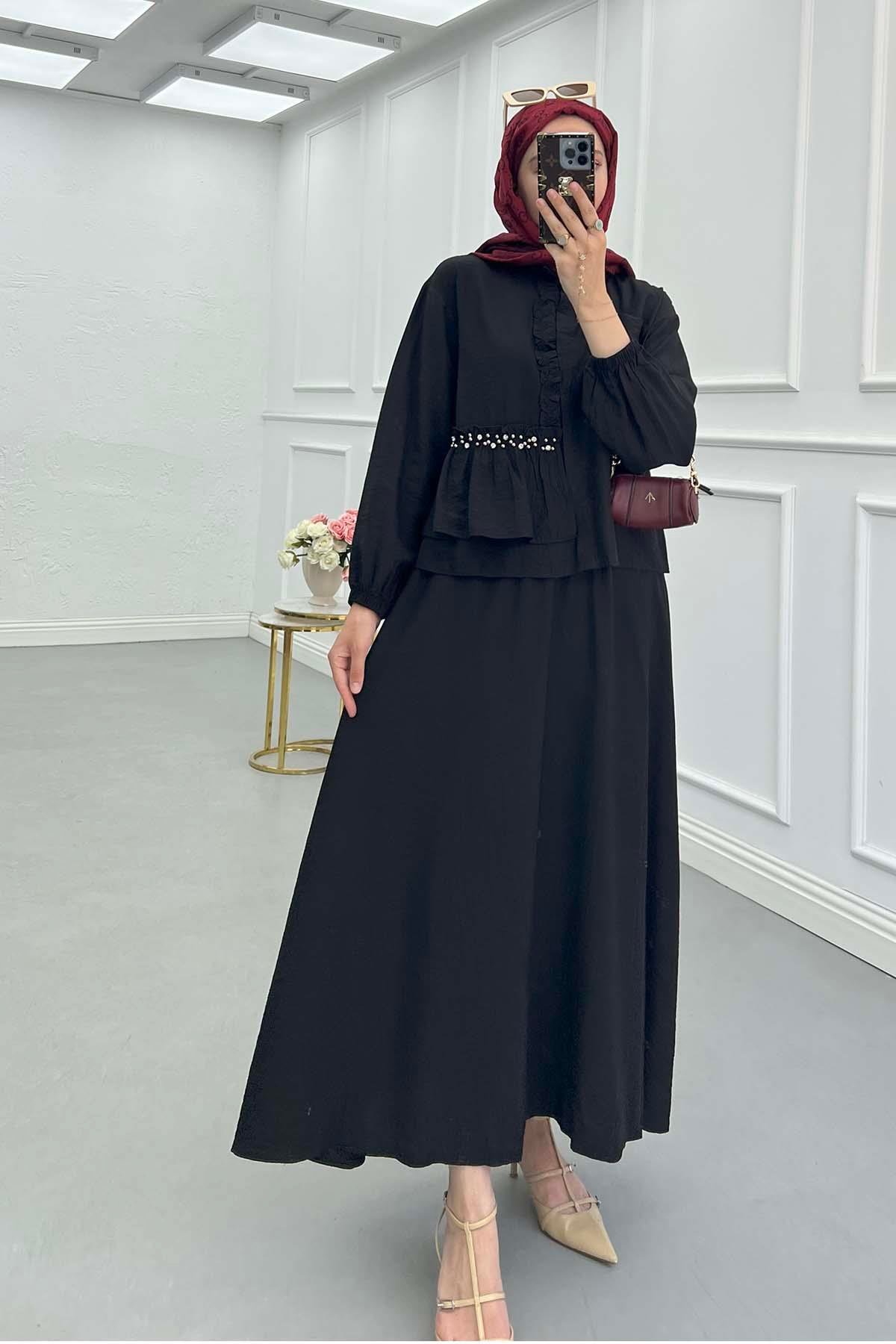 Sare Fashion Ruffle Front Stone Detailed Suit Black