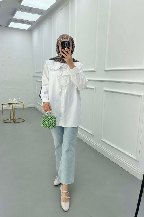 Sare Fashion Baby Collar Shirt with Front Bow Detail White