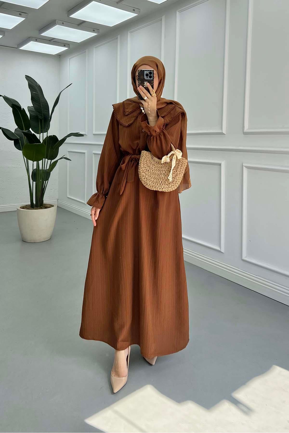 Sare Fashion Lace Front Waist Belted Dress Brown