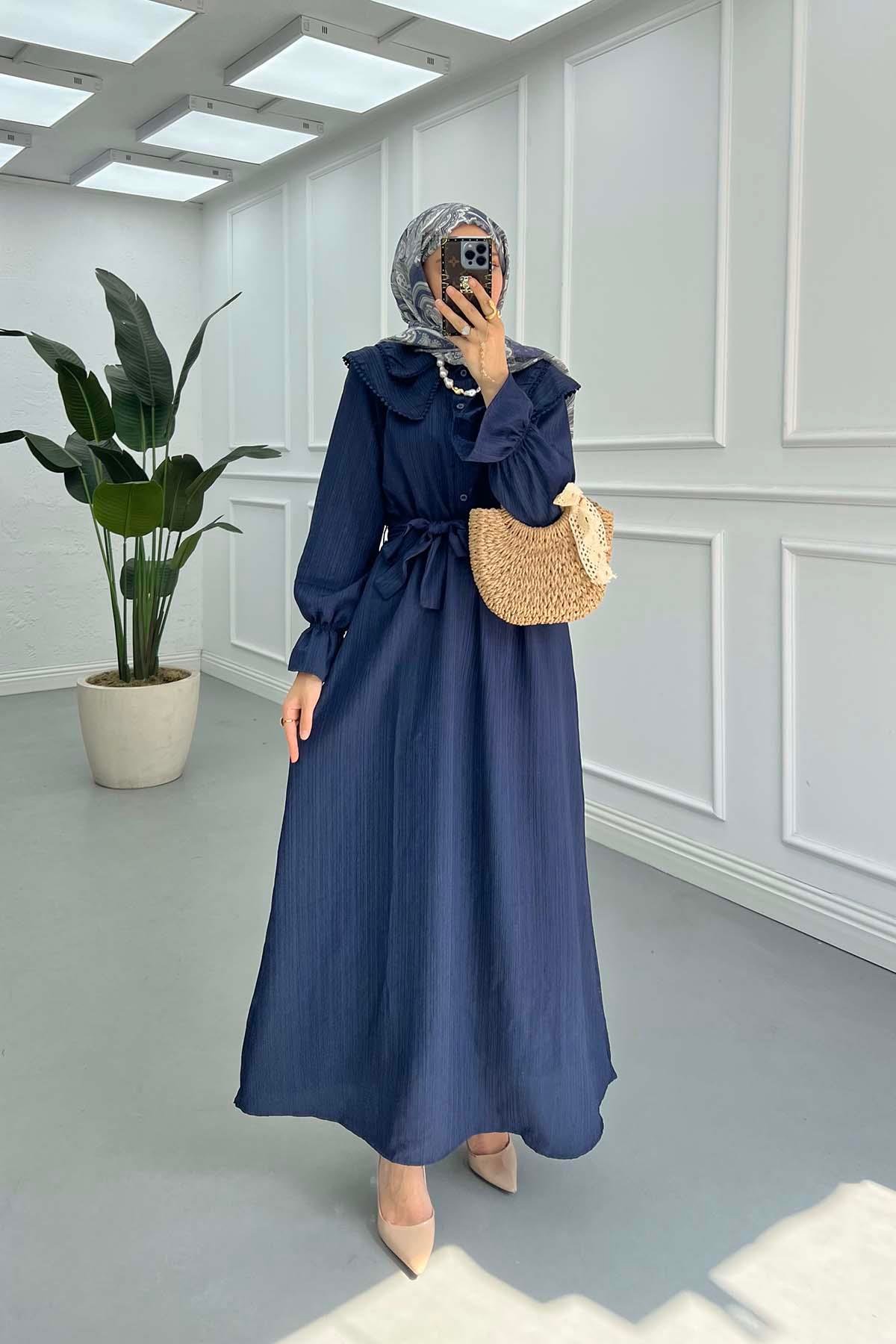 Sare Fashion Lace Front Waist Belted Dress Navy Blue