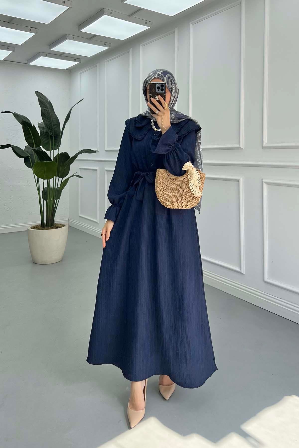 Sare Fashion Lace Front Waist Belted Dress Navy Blue