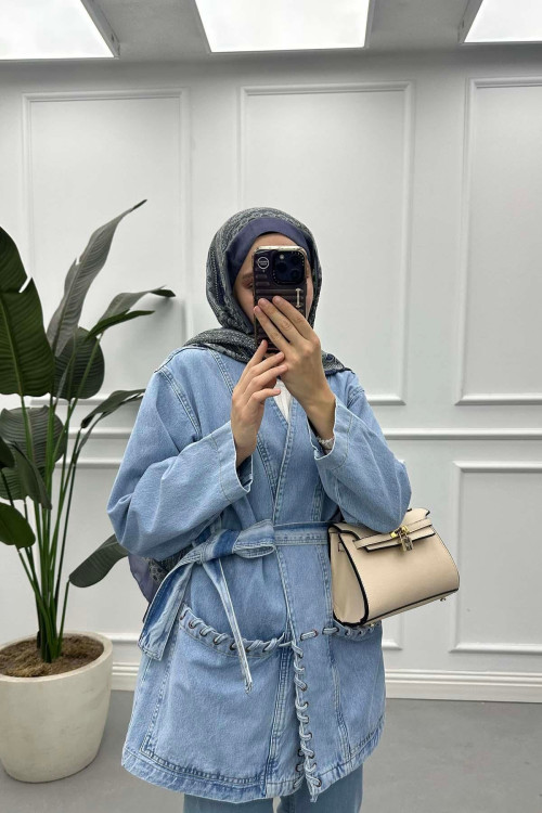 Sare Fashion Knit Detailed Belted Denim Jacket Light Blue