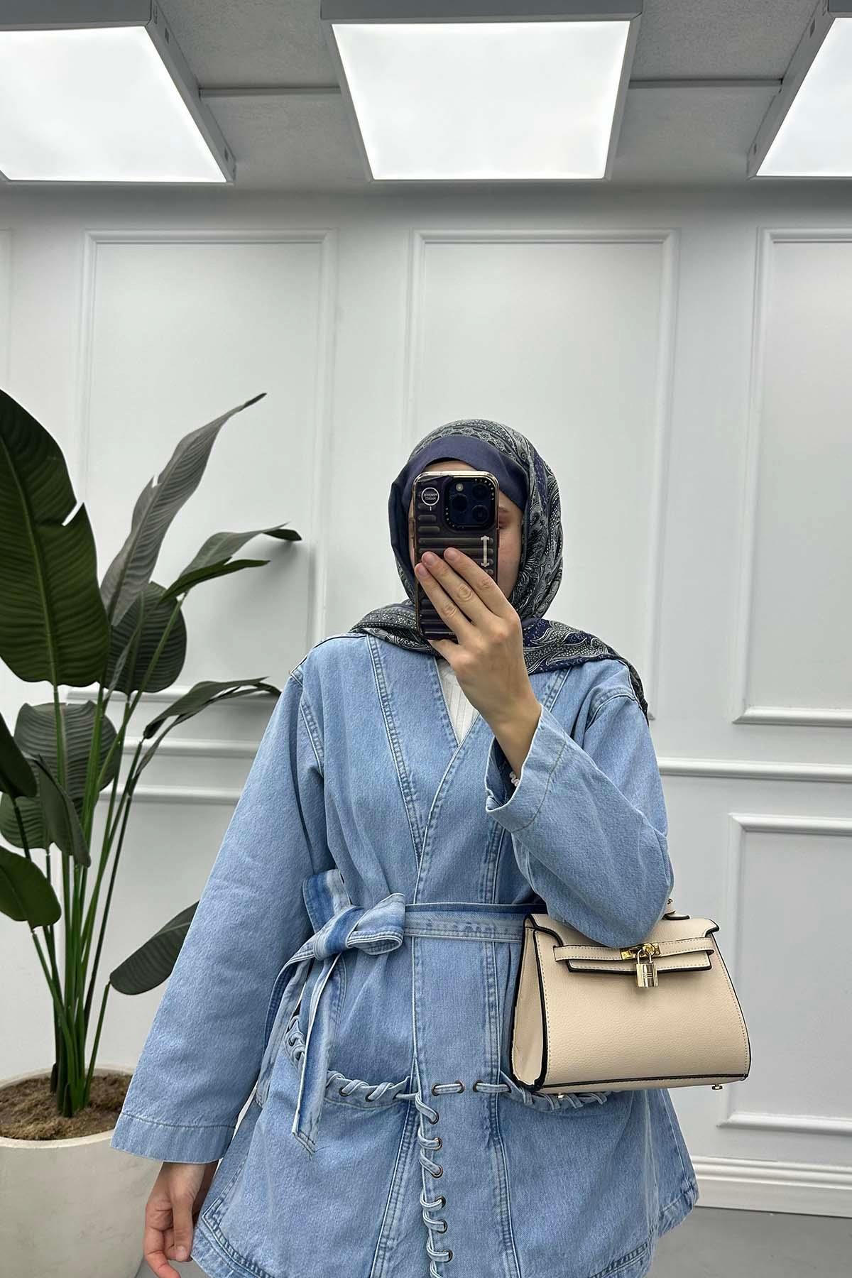 Sare Fashion Knit Detailed Belted Denim Jacket Light Blue