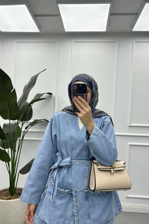 Sare Fashion Knit Detailed Belted Denim Jacket Light Blue