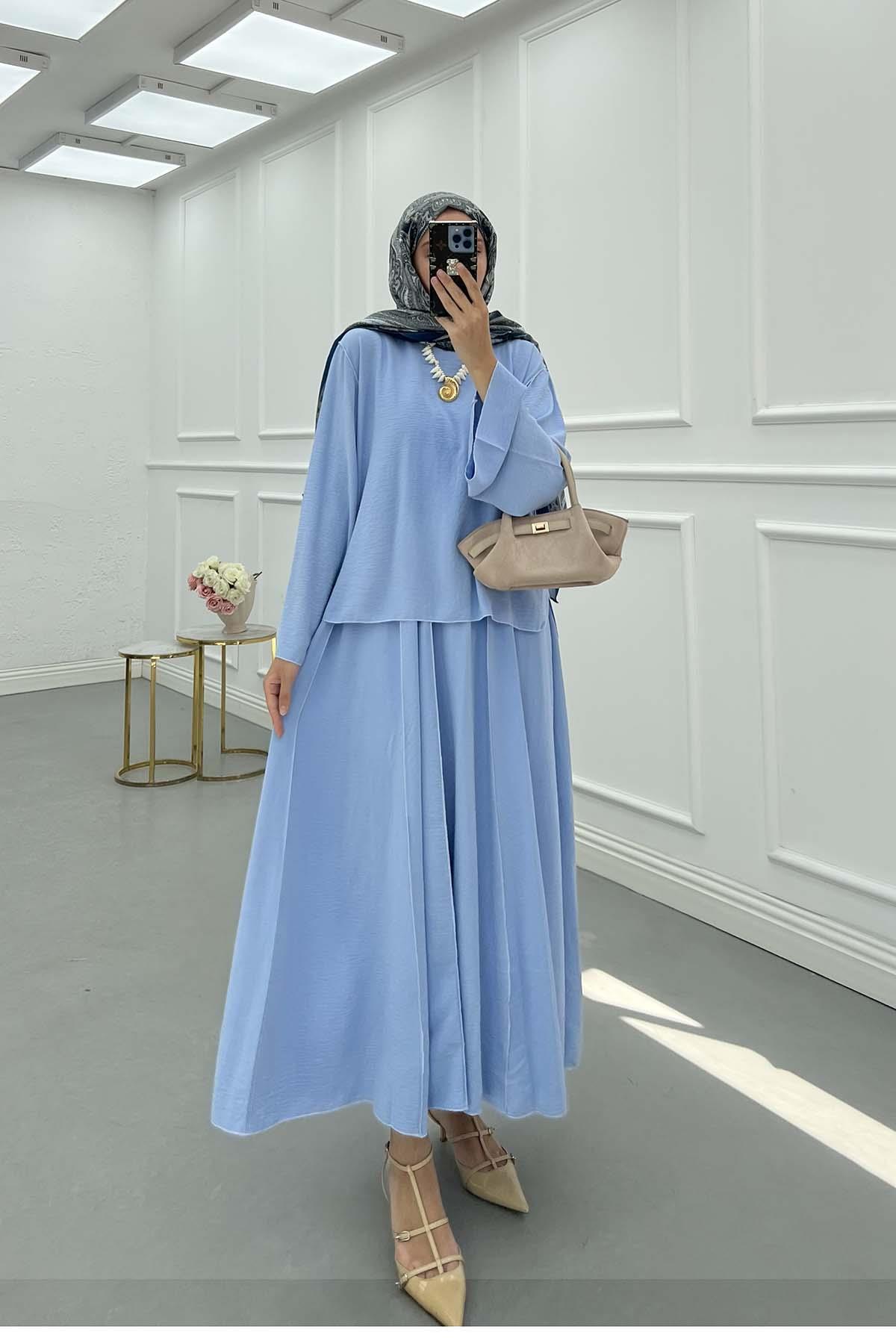 Sare Fashion Overlock Detailed Skirted Suit Blue Sare Fashion Overlock Detailed Skirted Suit Blue