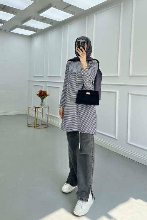 Sare Fashion Denim Trousers with Leg Detail Smoke