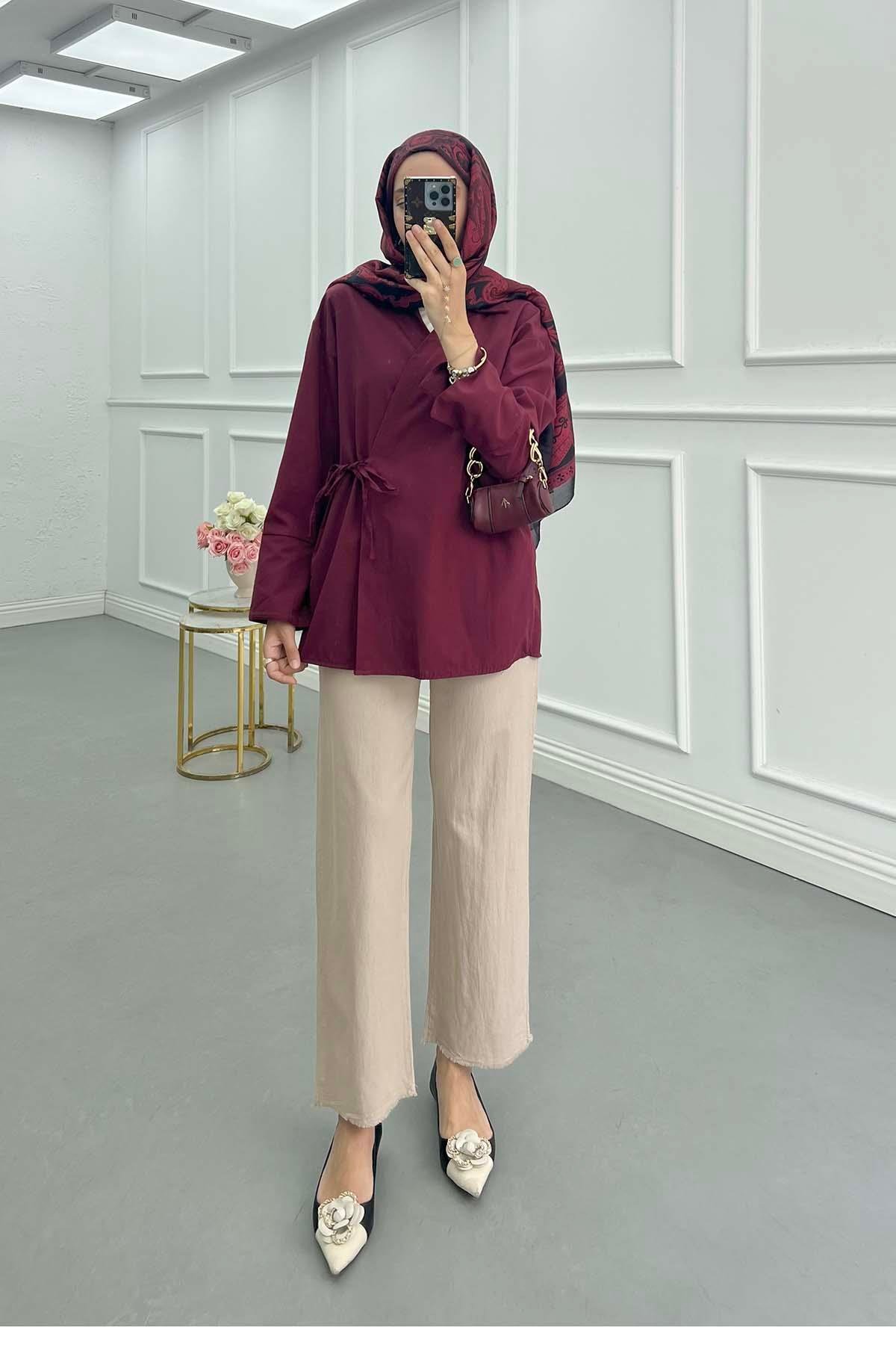 Sare Fashion Elastic Waist Trousers with Tasseled Legs, Beige