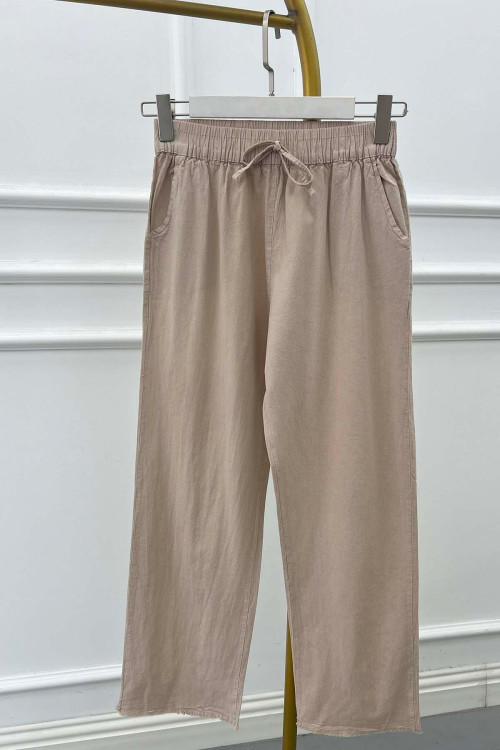 Sare Fashion Elastic Waist Trousers with Tasseled Legs, Beige