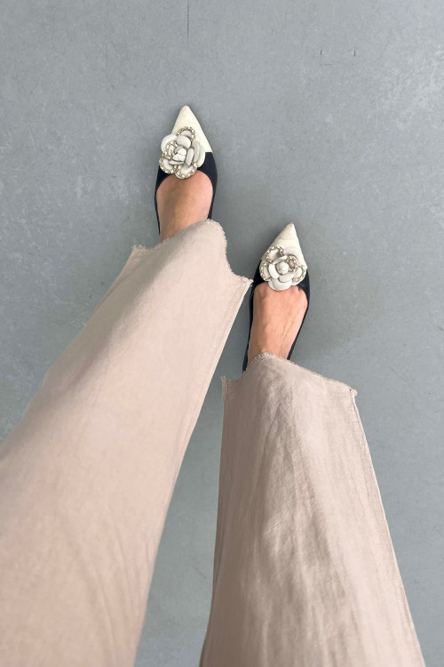 Sare Fashion Elastic Waist Trousers with Tasseled Legs, Beige