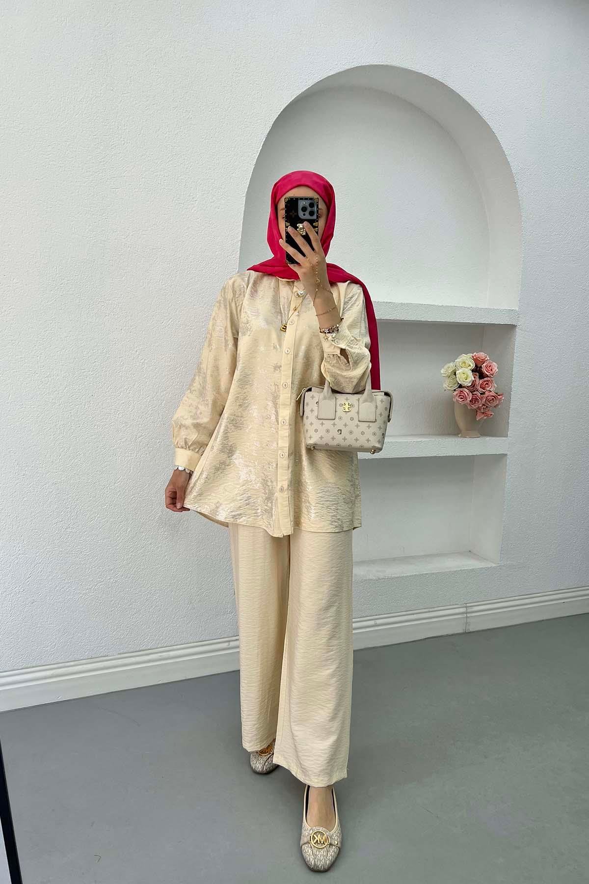 Sare Fashion Shiny Patterned Trouser Suit Beige