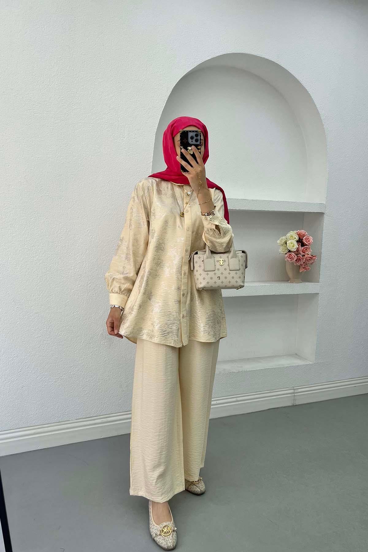 Sare Fashion Shiny Patterned Trouser Suit Beige