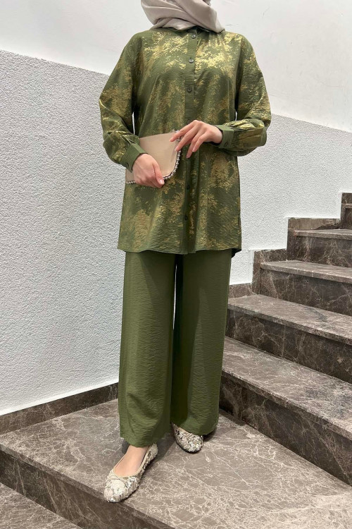 Sare Fashion Shiny Patterned Pants Suit Khaki