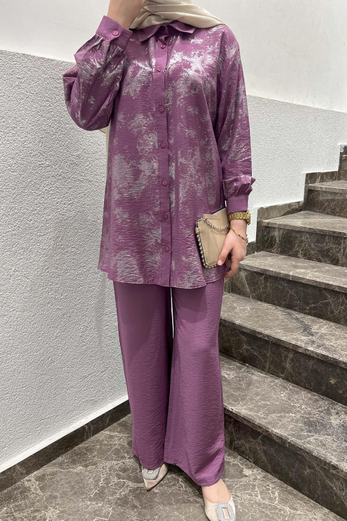 Sare Fashion Shiny Patterned Trouser Suit Purple