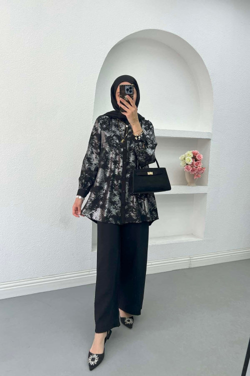 Sare Fashion Shiny Patterned Trouser Suit Black