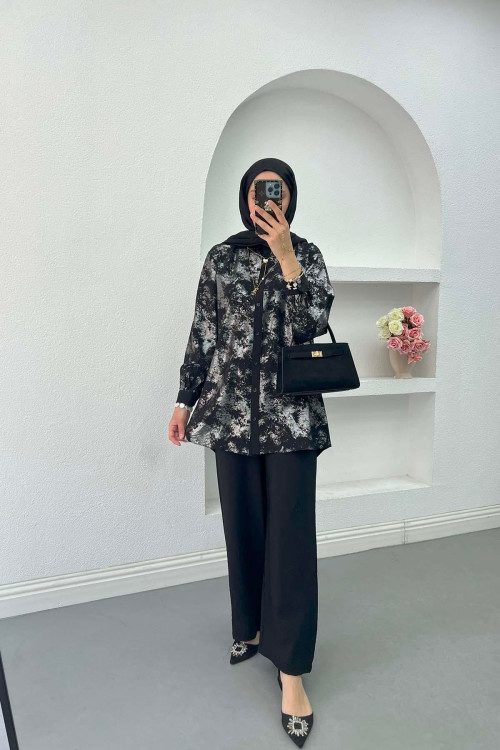 Sare Fashion Shiny Patterned Trouser Suit Black