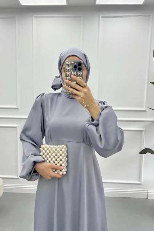 Satin Dress with Placket Detail in Grey