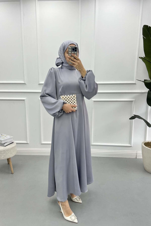 Satin Dress with Placket Detail in Grey