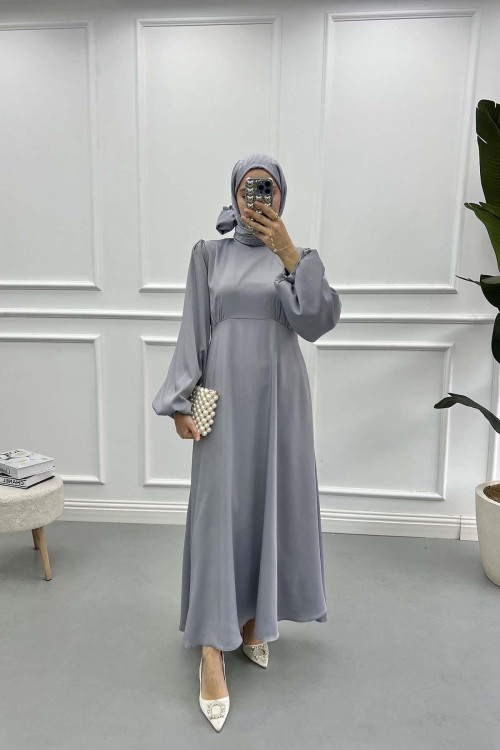 Satin Dress with Placket Detail in Grey