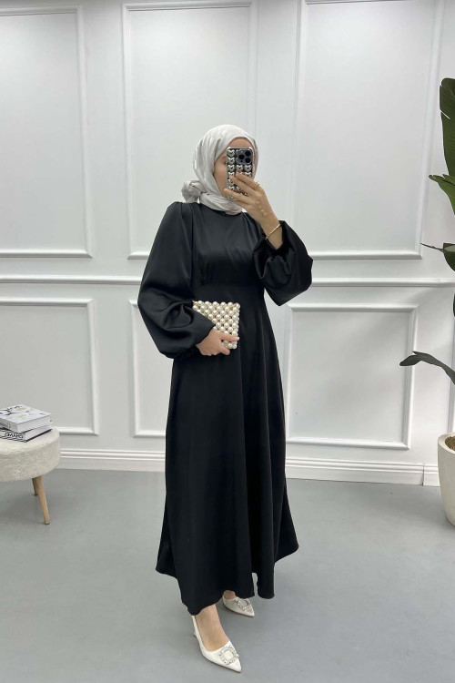 Satin Dress with Placket Detail Black