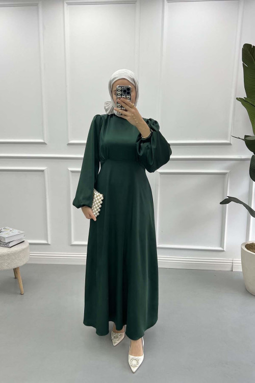 Placket Detail Satin Dress Emerald Green