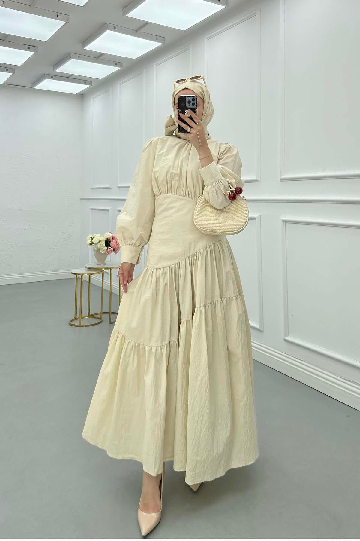 Sare Fashion Long Dress with Plaid Beige