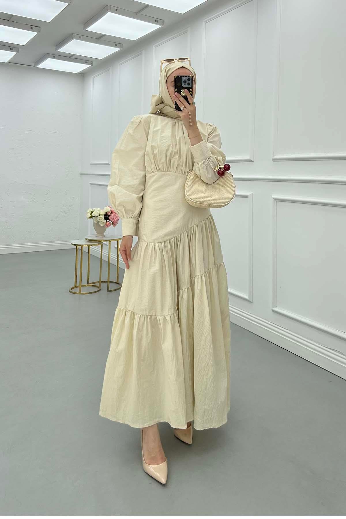 Sare Fashion Long Dress with Plaid Beige