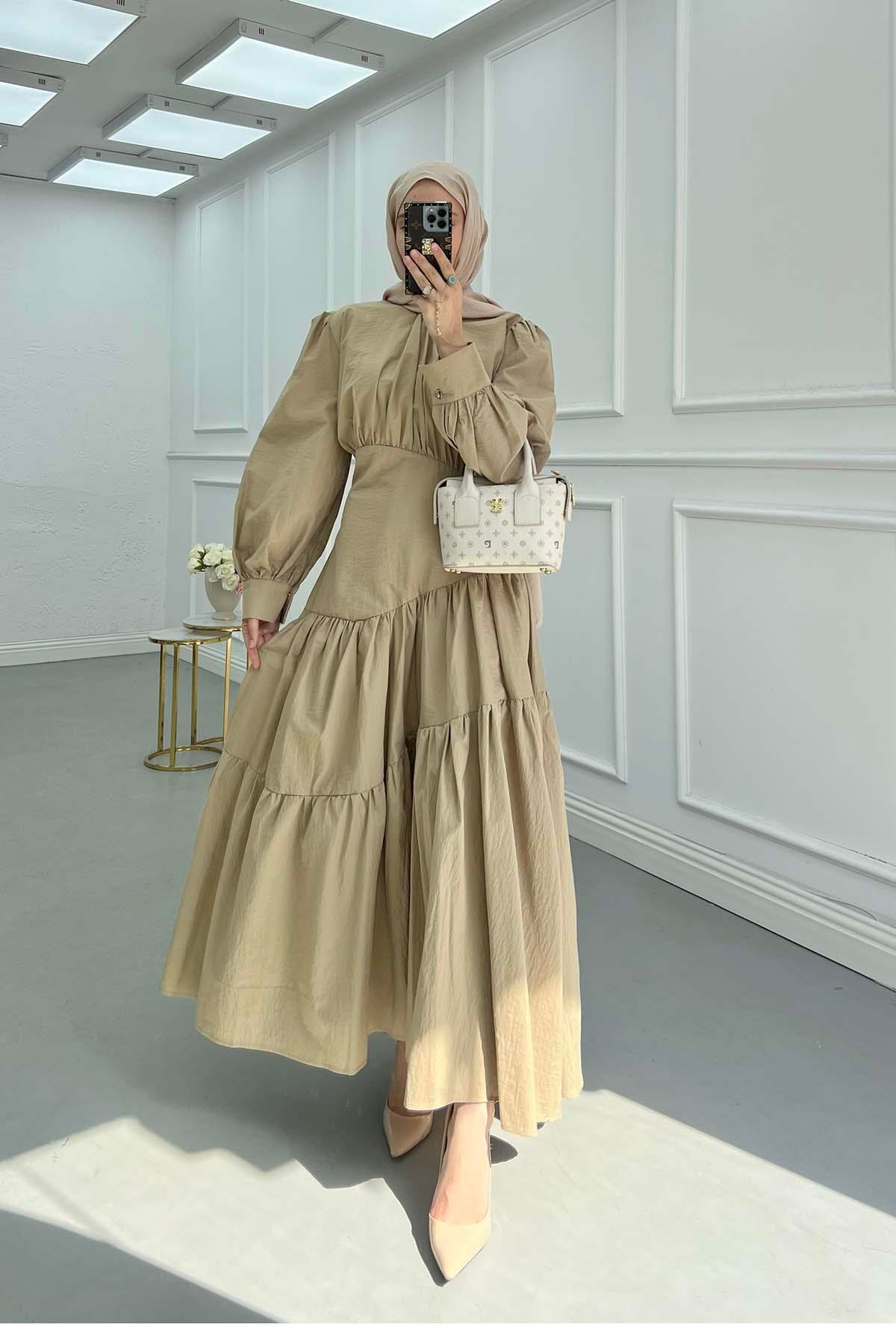Sare Fashion Long Dress with Plaid Brown