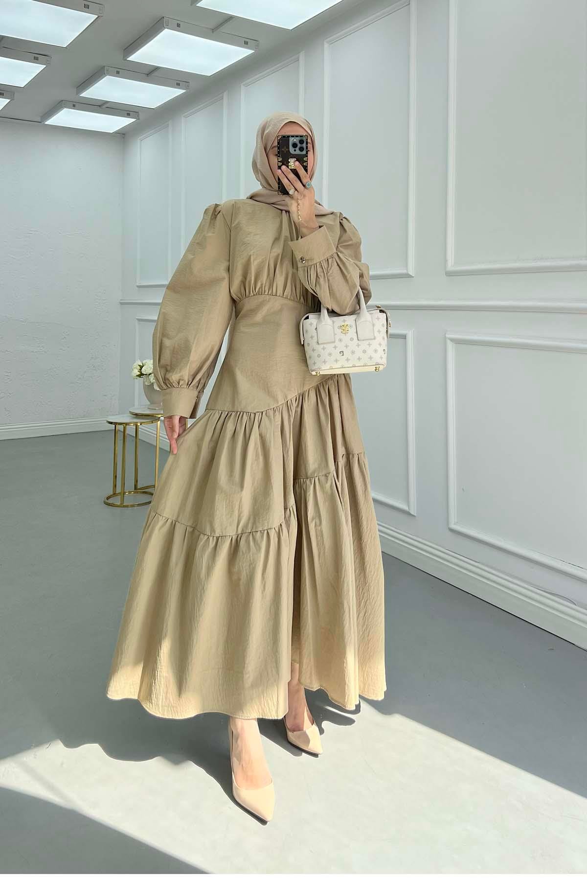 Sare Fashion Long Dress with Plaid Brown