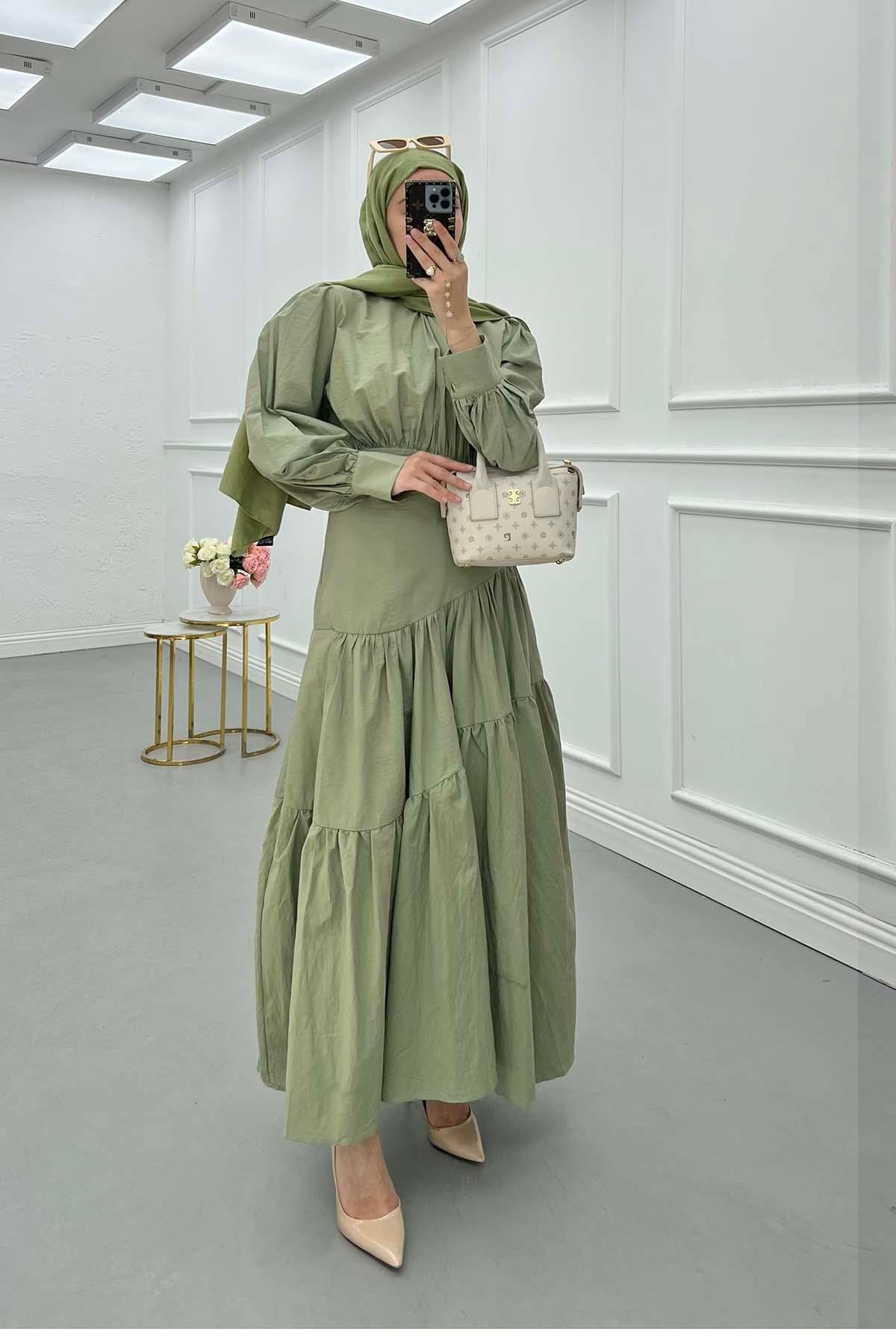 Sare Fashion Long Dress with Plaid Green