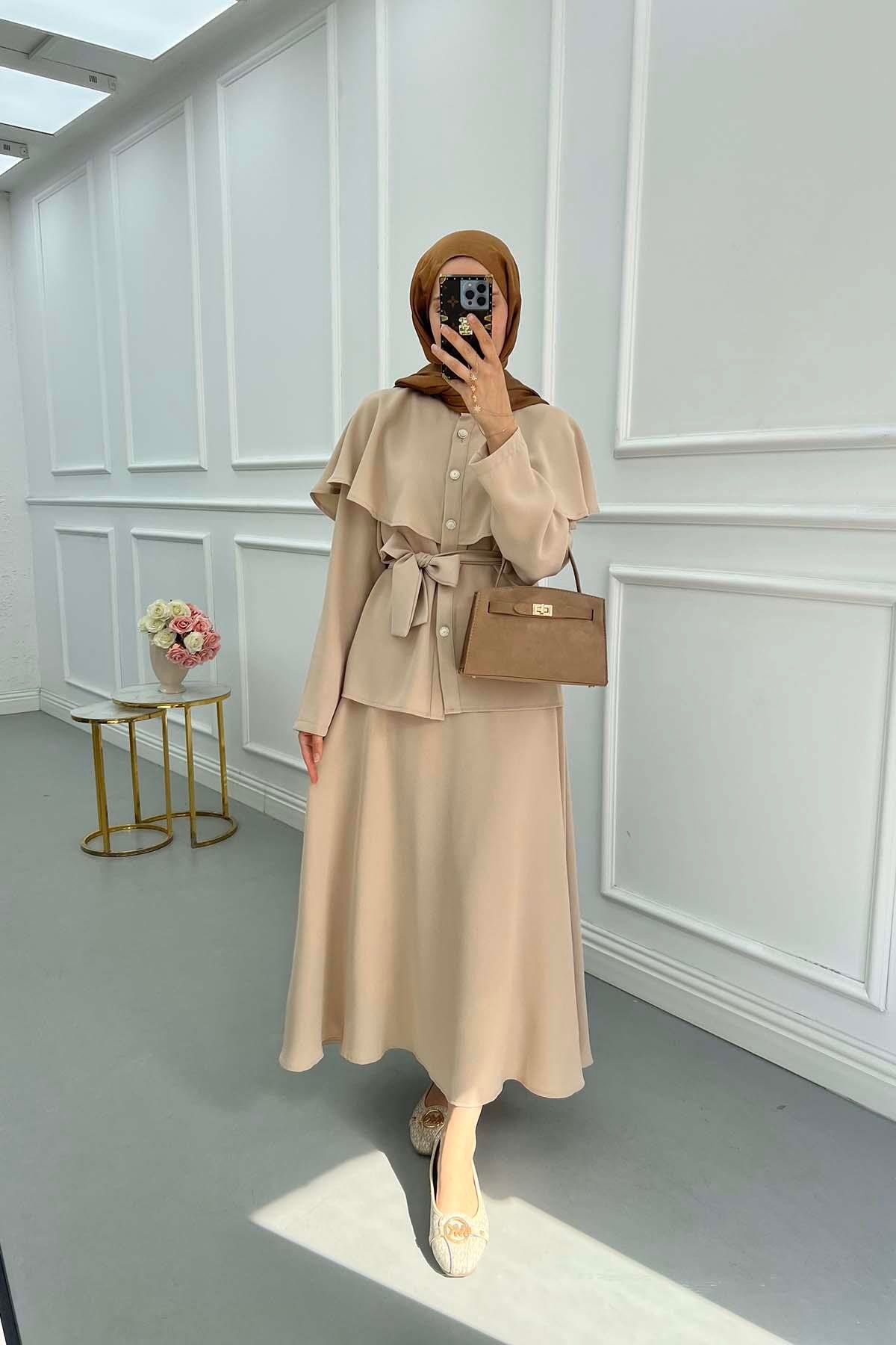 Sare Fashion Cape Detailed Stone Button Skirt Set Beige