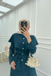 Sare Fashion Cape Detailed Stone Button Skirt Suit Petrol Green